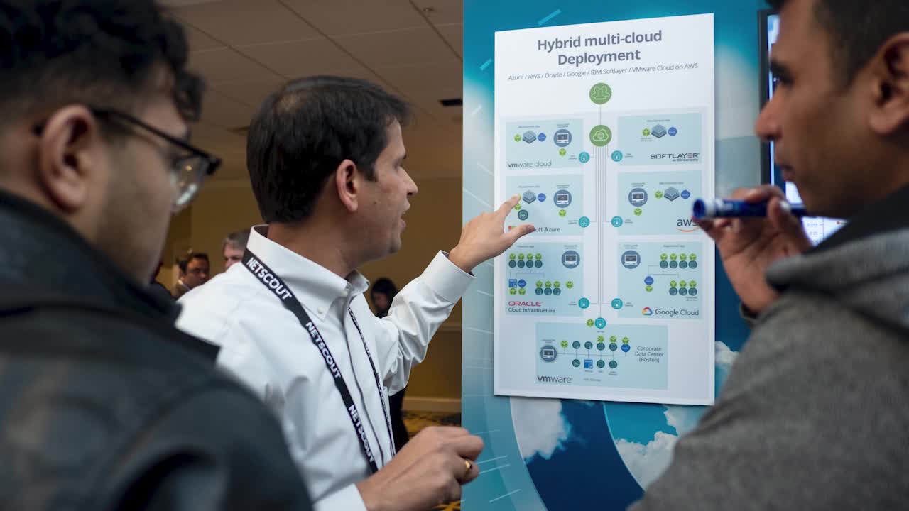 Three men reviewing the Hybrid multi-cloud Deployment networks poster at a conference