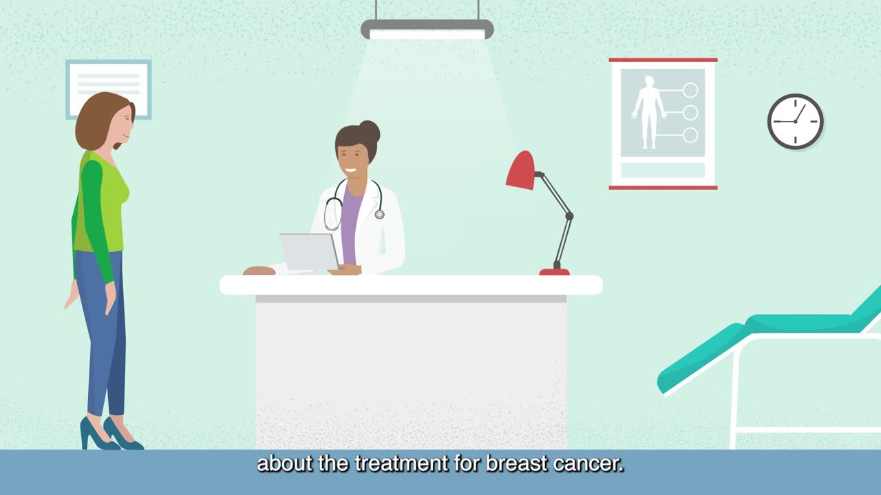 Thumbnail: Cartoon woman at a doctor's desk with the caption 'about the treatment for breast cancer'