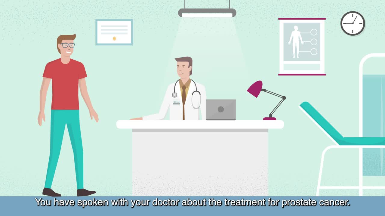 Thumbnail: Cartoon of a man at a doctor's' desk with the caption 'You have spoken with your doctor about the treatment for prostate cancer'