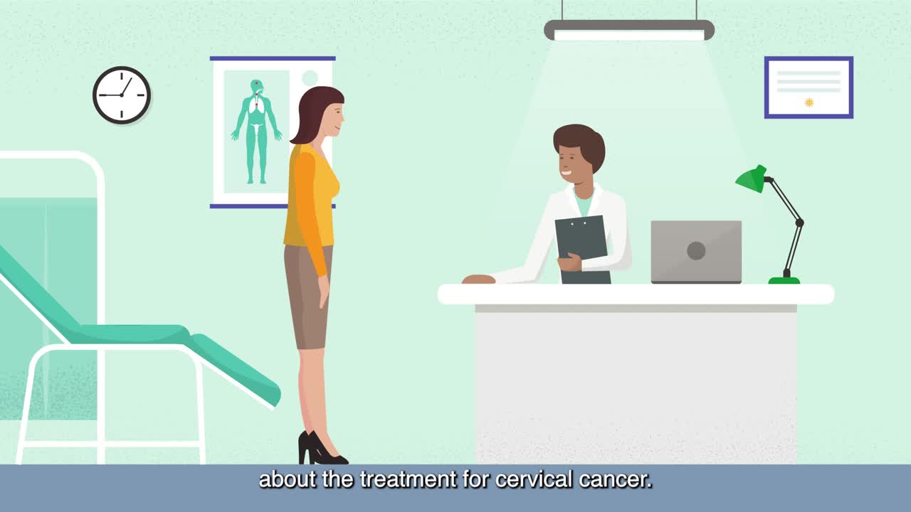 Thumbnail: Cartoon woman at a doctor's' desk with the caption 'about the treatment for cervical cancer'