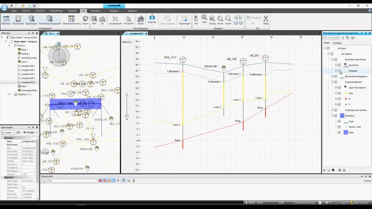 Novapoint 21 Base _ New function - Borehole diagrams in Long section views