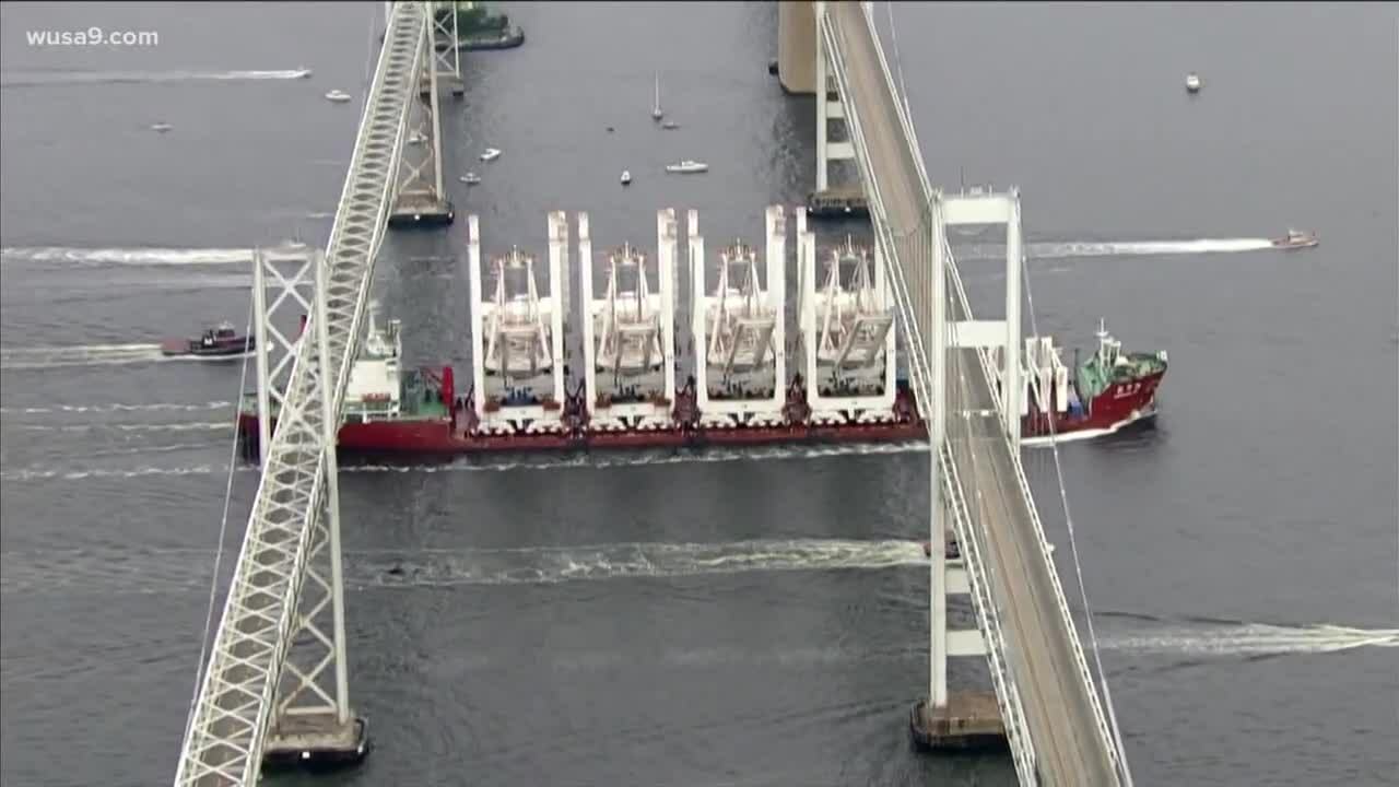 Crane delivery crosses under Bay Bridge