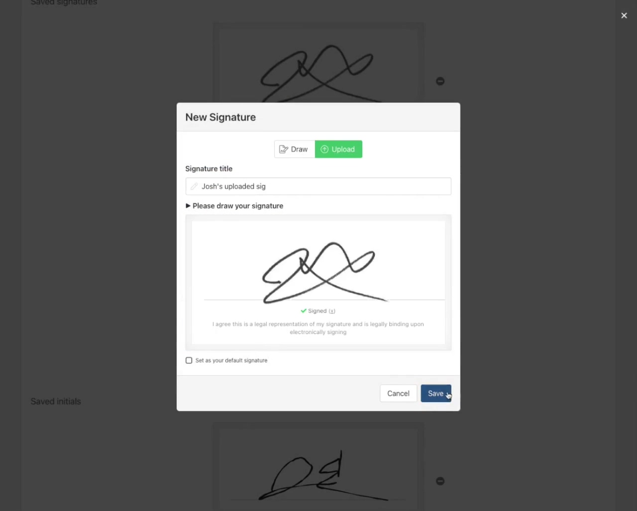 Saving signatures and initials - draw and upload