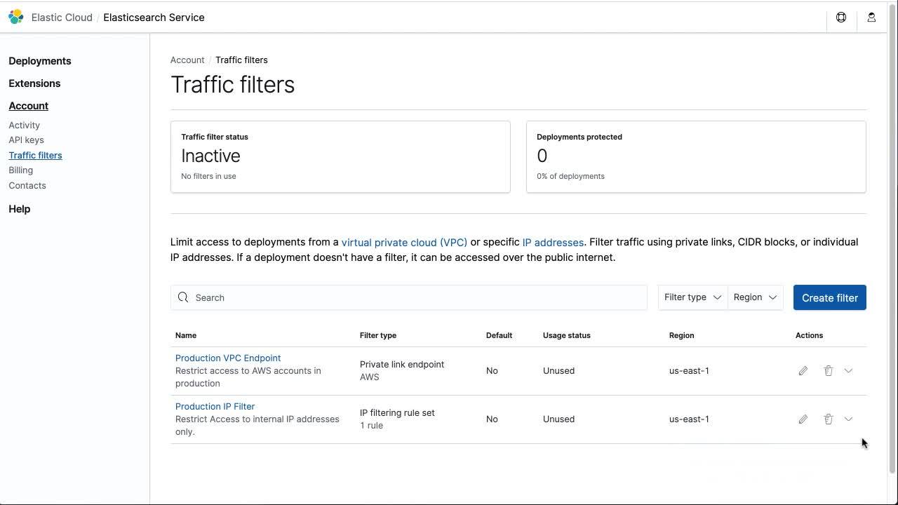 Using the Elastic Cloud console to apply private link traffic filter
