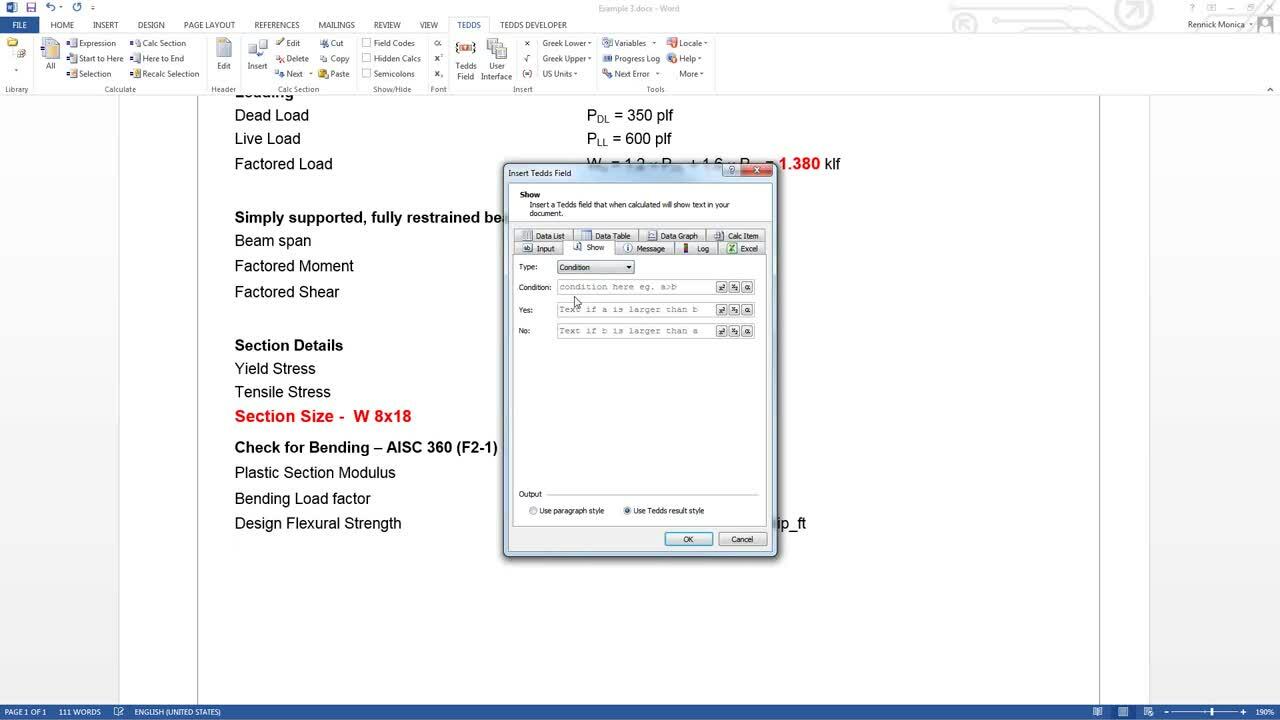 Creating custom calculations in Tedds for Word